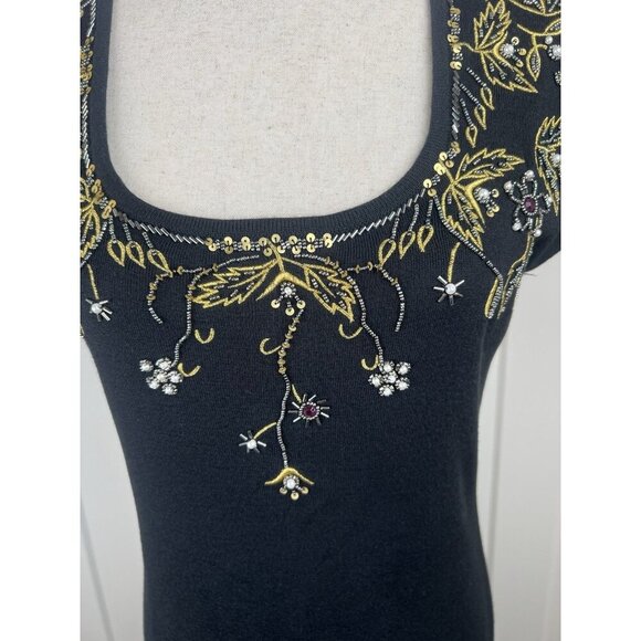 Carole Little Vintage Black Wool Blend Maxi Sweater Dress Sz M Embroidery Beads - Picture 3 of 13
